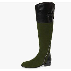 FSJ Oliver Green Riding Knee High Long Boots Round Toe Low Chunky Heels Shoes